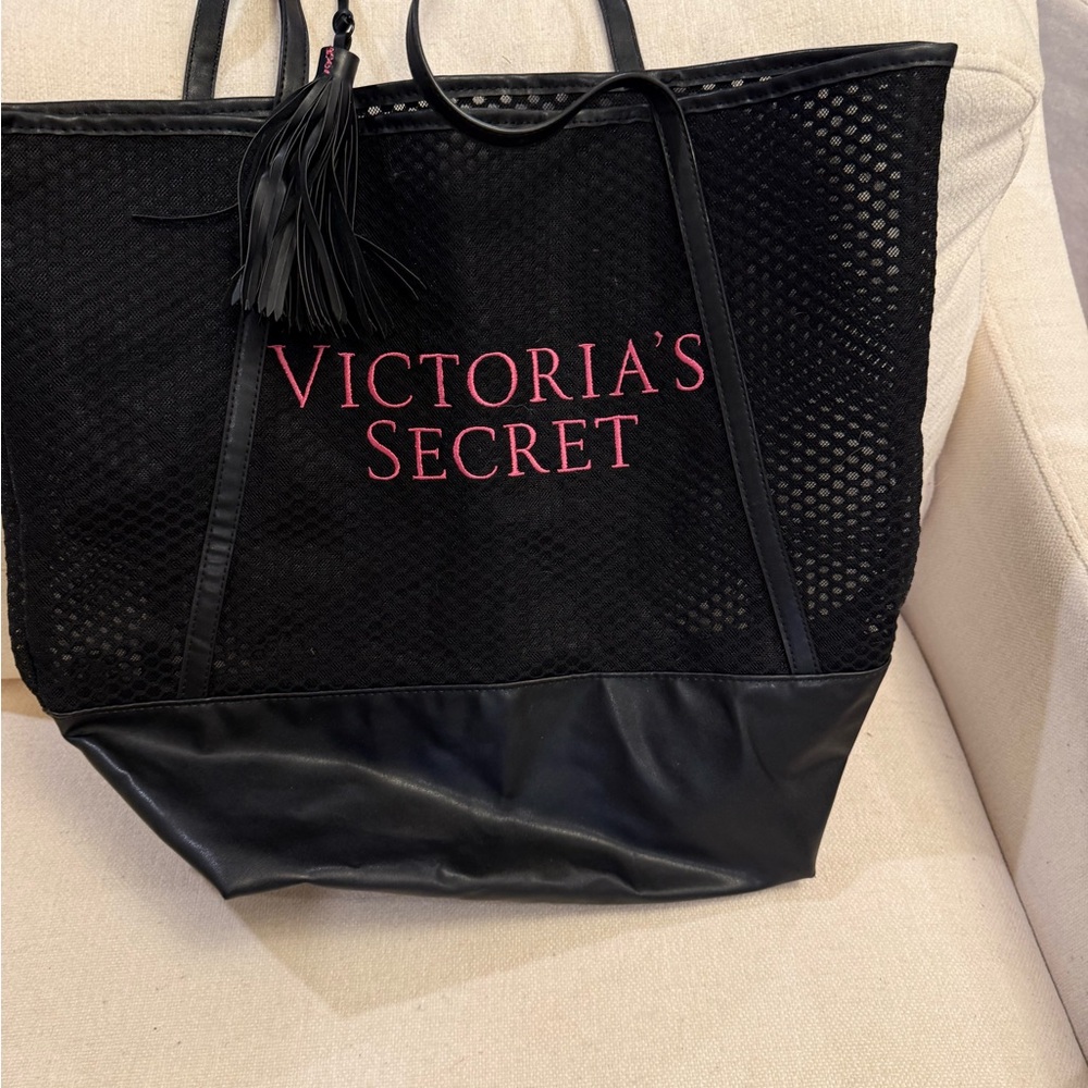Victoria's Secret Black Mesh Tote with Pink Logo